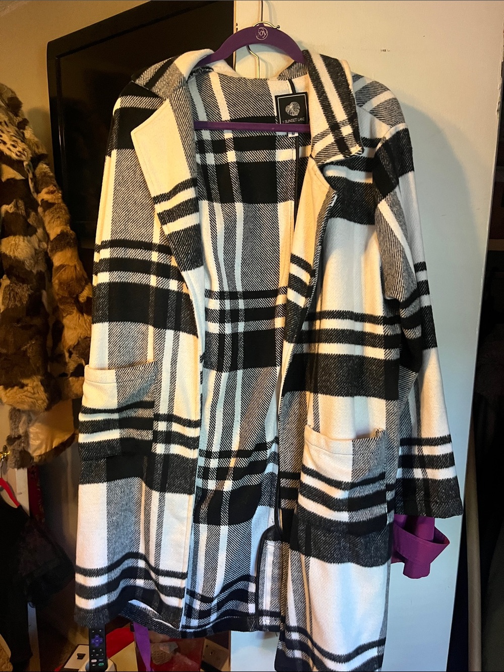 Open-Front Plaid Trench Coat in Black & White